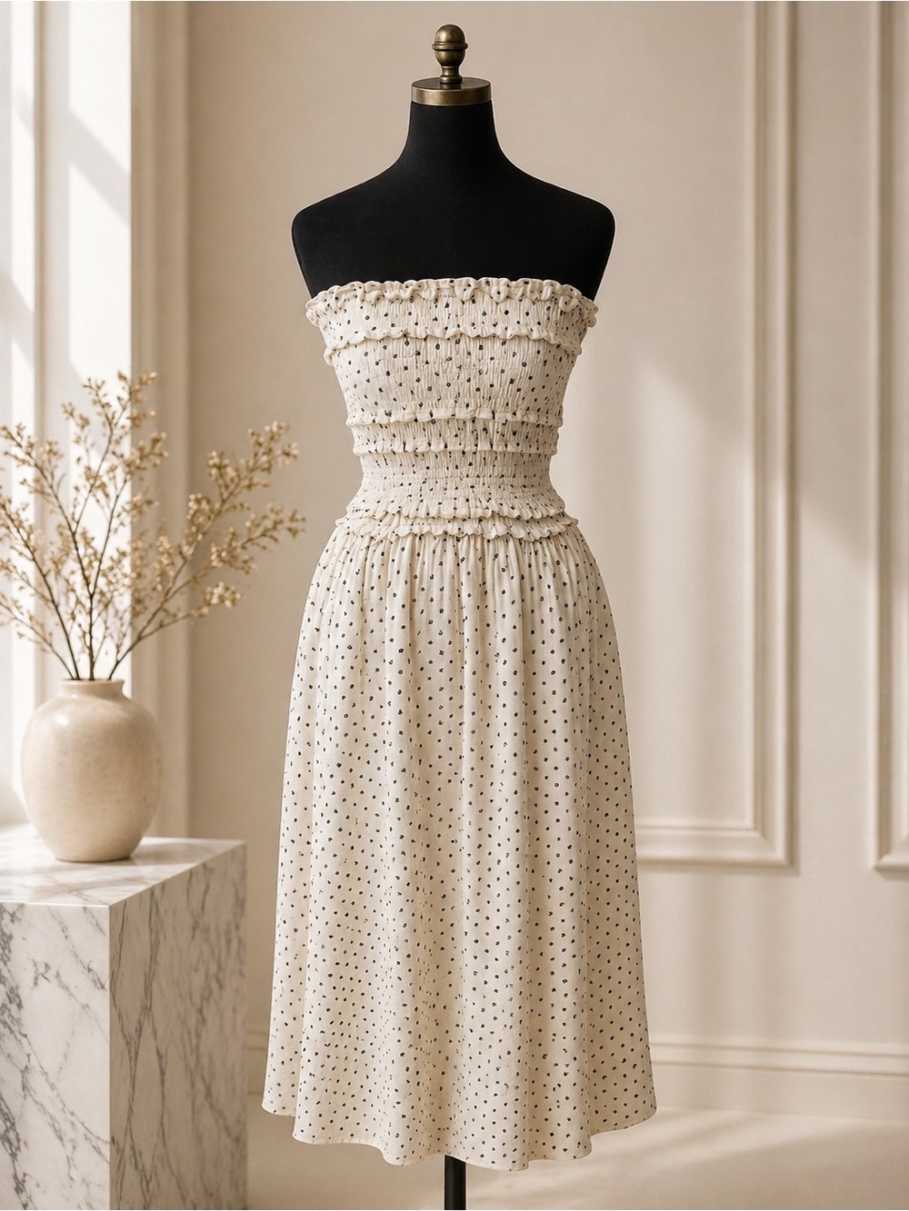 ‘Reset’ Smocked Strapless Midi Dress in Cream with Black Dot Print medium